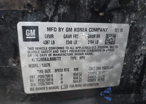 2020 Chevrolet Trax Awd Ls из США, поврежденный, VIN KL7CJNSB3LB086772